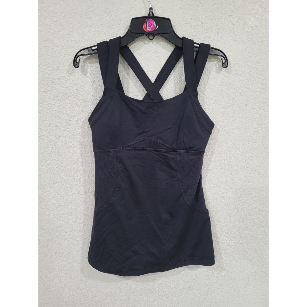 Lululemon Black Criss Cross Back Tank Top Size 4 Built-in Bra Mesh‎ Panels #16